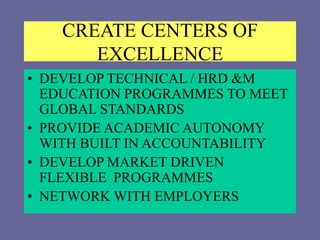 CREATE CENTERS OF
EXCELLENCE
• DEVELOP TECHNICAL / HRD &M
EDUCATION PROGRAMMES TO MEET
GLOBAL STANDARDS
• PROVIDE ACADEMIC AUTONOMY
WITH BUILT IN ACCOUNTABILITY
• DEVELOP MARKET DRIVEN
FLEXIBLE PROGRAMMES
• NETWORK WITH EMPLOYERS
 