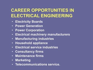 CAREER OPPORTUNITIES IN
ELECTRICAL ENGINEERING
• Electricity Boards
• Power Generation
• Power Corporation
• Electrical machinery manufacturers
• Manufacturing industries
• Household appliance
• Electrical service industries
• Consultancy firms
• Maintenance firms
• Marketing
• Telecommunications service.
 
