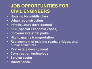 JOB OPPORTUNITIES FOR
CIVIL ENGINEERS
• Housing for middle class
• Urban reconstruction
• Infrastructure development
• SEZ (Special Economic Zones)
• Software industrial parks
• High capacity transportation
• Replacement of existing roads, bridges, and
public structures
• Real estate development
• Construction technology
• Service sector
• Maintenance.
 