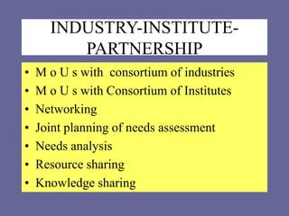 INDUSTRY-INSTITUTE-
PARTNERSHIP
• M o U s with consortium of industries
• M o U s with Consortium of Institutes
• Networking
• Joint planning of needs assessment
• Needs analysis
• Resource sharing
• Knowledge sharing
 