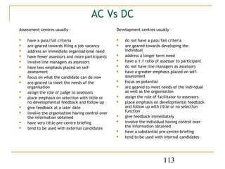 AC Vs DC
Assessment centres usually –                       Development centres usually –

   have a pass/fail criteria                         do not have a pass/fail criteria
   are geared towards filing a job vacancy           are geared towards developing the
   address an immediate organisational need           individual
   have fewer assessors and more participants        address a longer term need
   involve line managers as assessors                have a 1:1 ratio of assessor to participant
   have less emphasis placed on self-                do not have line managers as assessors
    assessment                                        have a greater emphasis placed on self-
   focus on what the candidate can do now             assessment
   are geared to meet the needs of the               focus on potential
    organisation                                      are geared to meet needs of the individual
   assign the role of judge to assessors              as well as the organisation
   place emphasis on selection with little or        assign the role of facilitator to assessors
    no developmental feedback and follow up           place emphasis on developmental feedback
   give feedback at a later date                      and follow up with little or no selection
                                                       function
   involve the organisation having control over
    the information obtained                          give feedback immediately
   have very little pre-centre briefing              involve the individual having control over
                                                       the information obtained
   tend to be used with external candidates
                                                      have a substantial pre-centre briefing
                                                      tend to be used with internal candidates




                                                                           113
 
