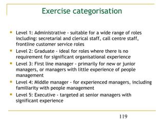 Exercise categorisation

   Level 1: Administrative - suitable for a wide range of roles
    including: secretarial and clerical staff, call centre staff,
    frontline customer service roles
   Level 2: Graduate - ideal for roles where there is no
    requirement for significant organisational experience
   Level 3: First line manager - primarily for new or junior
    managers, or managers with little experience of people
    management
   Level 4: Middle manager - for experienced managers, including
    familiarity with people management
   Level 5: Executive - targeted at senior managers with
    significant experience


                                                  119
 