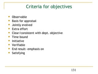 Criteria for objectives
   Observable
   Basis for appraisal
   Jointly evolved
   Extra effort
   Clear/consistent with dept. objective
   Time bound
   Initiative
   Verifiable
   End result- emphasis on
   Satisfying




                                            131
 