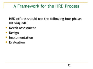 A Framework for the HRD Process

    HRD efforts should use the following four phases
    (or stages):
   Needs assessment
   Design
   Implementation
   Evaluation




                                          32
 