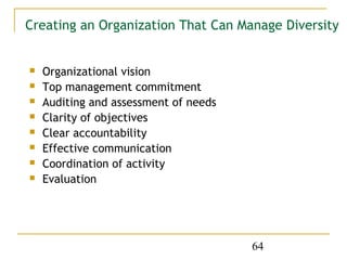 Creating an Organization That Can Manage Diversity


   Organizational vision
   Top management commitment
   Auditing and assessment of needs
   Clarity of objectives
   Clear accountability
   Effective communication
   Coordination of activity
   Evaluation




                                       64
 