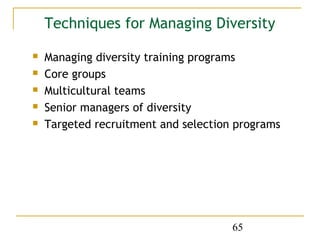 Techniques for Managing Diversity

   Managing diversity training programs
   Core groups
   Multicultural teams
   Senior managers of diversity
   Targeted recruitment and selection programs




                                      65
 