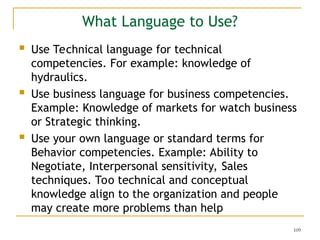 109
What Language to Use?
 Use Technical language for technical
competencies. For example: knowledge of
hydraulics.
 Use business language for business competencies.
Example: Knowledge of markets for watch business
or Strategic thinking.
 Use your own language or standard terms for
Behavior competencies. Example: Ability to
Negotiate, Interpersonal sensitivity, Sales
techniques. Too technical and conceptual
knowledge align to the organization and people
may create more problems than help
 