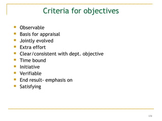 131
 Observable
 Basis for appraisal
 Jointly evolved
 Extra effort
 Clear/consistent with dept. objective
 Time bound
 Initiative
 Verifiable
 End result- emphasis on
 Satisfying
Criteria for objectives
 