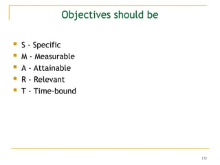 132
 S - Specific
 M - Measurable
 A - Attainable
 R - Relevant
 T - Time-bound
Objectives should be
 
