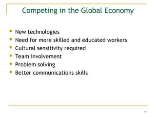 27
Competing in the Global Economy
 New technologies
 Need for more skilled and educated workers
 Cultural sensitivity required
 Team involvement
 Problem solving
 Better communications skills
 