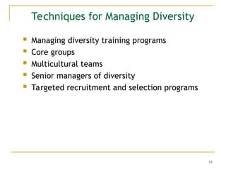 65
Techniques for Managing Diversity
 Managing diversity training programs
 Core groups
 Multicultural teams
 Senior managers of diversity
 Targeted recruitment and selection programs
 