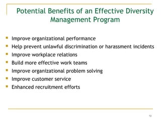 72
Potential Benefits of an Effective Diversity
Management Program
 Improve organizational performance
 Help prevent unlawful discrimination or harassment incidents
 Improve workplace relations
 Build more effective work teams
 Improve organizational problem solving
 Improve customer service
 Enhanced recruitment efforts
 