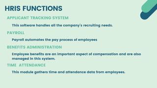 HRIS FUNCTIONS
APPLICANT TRACKING SYSTEM
PAYROLL
TIME ATTENDANCE
BENEFITS ADMINISTRATION
This software handles all the company’s recruiting needs.
Payroll automates the pay process of employees
Employee benefits are an important aspect of compensation and are also
managed in this system.


This module gathers time and attendance data from employees.


 
