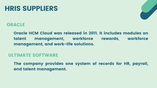 HRIS SUPPLIERS
ORACLE
Oracle HCM Cloud was released in 2011. It includes modules on
talent management, workforce rewards, workforce
management, and work-life solutions.
ULTIMATE SOFTWARE
The company provides one system of records for HR, payroll,
and talent management.
 