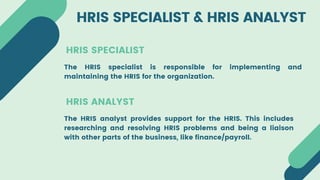 HRIS SPECIALIST & HRIS ANALYST
HRIS SPECIALIST
The HRIS specialist is responsible for implementing and
maintaining the HRIS for the organization.
HRIS ANALYST
The HRIS analyst provides support for the HRIS. This includes
researching and resolving HRIS problems and being a liaison
with other parts of the business, like finance/payroll.
 