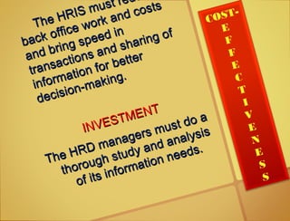 The HRIS must red
The HRIS must red
back office work and costs
back office work and costs
and bring speed in
and bring speed in
transactions and sharing of
transactions and sharing of
information for better
information for better
decision-making.
decision-making.
INVESTMENT
INVESTMENT
The HRD managers must do a
The HRD managers must do a
thorough study and analysis
thorough study and analysis
of its information needs.
of its information needs.
COST-
E
F
F
E
C
T
I
V
E
N
E
S
S
 