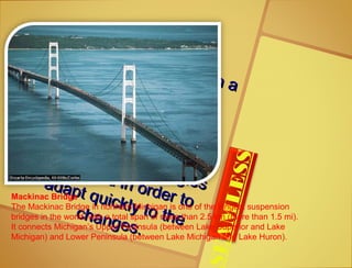 HRD must know on a
HRD must know on a
moment-to-moment
moment-to-moment
basis what the
basis what the
developments in tactics
developments in tactics
of various departments
of various departments
are and new strategies
are and new strategies
employed in order to
employed in order to
adapt quickly to the
adapt quickly to thechanges.
changes.
EAMLESS
Mackinac Bridge
The Mackinac Bridge in northern Michigan is one of the longest suspension
bridges in the world, with a total span of more than 2.5 km (more than 1.5 mi).
It connects Michigan’s Upper Peninsula (between Lake Superior and Lake
Michigan) and Lower Peninsula (between Lake Michigan and Lake Huron).
 