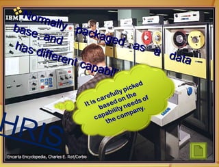 Normally packaged as a data
Normally packaged as a data
base, and
base, and
has different capabilities.
has different capabilities.
HRIS
 
