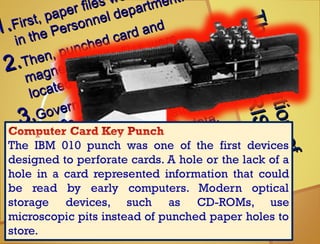 TheEvolutionof
TheEvolutionof
theHRIS
theHRIS
1.1.First, paper files w
First, paper files w
in the Personnel department.
in the Personnel department.
2.2.Then, punched card and
Then, punched card and
magnetic media files were
magnetic media files were
located in IS.
located in IS.
3.3.Government legislation in the
Government legislation in the
1960s and 70s eventually
1960s and 70s eventually
called management's attention
called management's attention
to the importance of HR data.
to the importance of HR data.
4.4.In the late 1970's the concept
In the late 1970's the concept
of an HRIS was born.
of an HRIS was born.
 