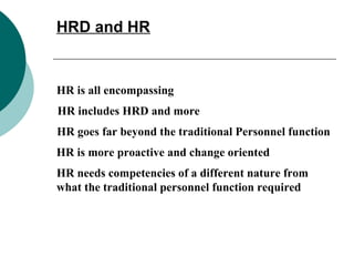 HRD and HR HR is all encompassing  HR includes HRD and more HR goes far beyond the traditional Personnel function HR is more proactive and change oriented HR needs competencies of a different nature from what the traditional personnel function required 
