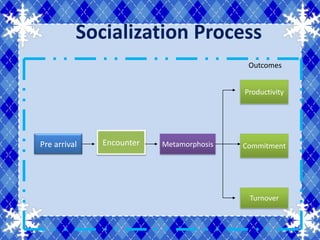 Socialization Process
                                           Outcomes


                                          Productivity




Pre arrival   Encounter   Metamorphosis   Commitment




                                           Turnover
 