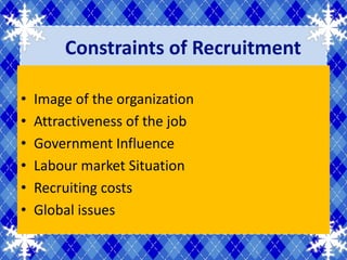 Constraints of Recruitment
                 Process
•   Image of the organization
•   Attractiveness of the job
•   Government Influence
•   Labour market Situation
•   Recruiting costs
•   Global issues
 