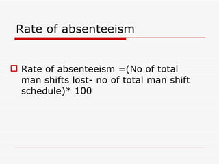 Rate of absenteeism


 Rate of absenteeism =(No of total
  man shifts lost- no of total man shift
  schedule)* 100
 