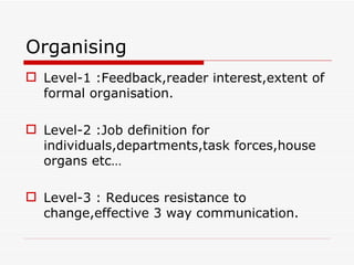Organising
 Level-1 :Feedback,reader interest,extent of
  formal organisation.

 Level-2 :Job definition for
  individuals,departments,task forces,house
  organs etc…

 Level-3 : Reduces resistance to
  change,effective 3 way communication.
 