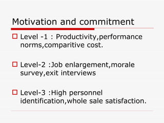 Motivation and commitment
 Level -1 : Productivity,performance
  norms,comparitive cost.

 Level-2 :Job enlargement,morale
  survey,exit interviews

 Level-3 :High personnel
  identification,whole sale satisfaction.
 