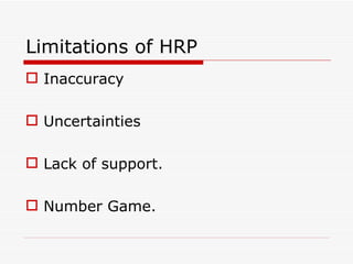 Limitations of HRP
 Inaccuracy

 Uncertainties

 Lack of support.

 Number Game.
 