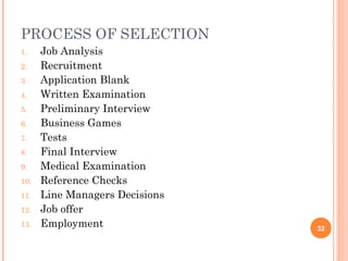 PROCESS OF SELECTION
1. Job Analysis
2. Recruitment
3. Application Blank
4. Written Examination
5. Preliminary Interview
6. Business Games
7. Tests
8. Final Interview
9. Medical Examination
10. Reference Checks
11. Line Managers Decisions
12. Job offer
13. Employment 32
 