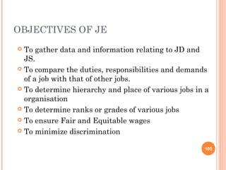 OBJECTIVES OF JE
 To gather data and information relating to JD and
  JS.
 To compare the duties, responsibilities and demands
  of a job with that of other jobs.
 To determine hierarchy and place of various jobs in a
  organisation
 To determine ranks or grades of various jobs

 To ensure Fair and Equitable wages

 To minimize discrimination


                                                     105
 
