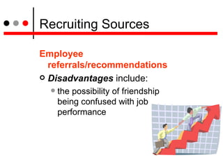 Recruiting Sources <ul><li>Employee referrals/recommendations </li></ul><ul><li>Disadvantages   include: </li></ul><ul><ul...