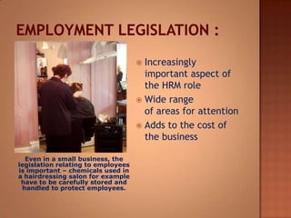 Increasingly
important aspect of
the HRM role
 Wide range
of areas for attention
 Adds to the cost of
the business


Even in a small business, the
legislation relating to employees
is important – chemicals used in
a hairdressing salon for example
have to be carefully stored and
handled to protect employees.

 