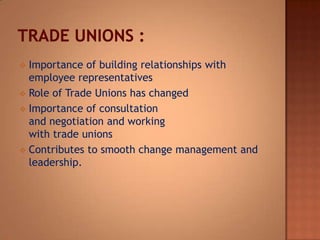 Importance of building relationships with
employee representatives
 Role of Trade Unions has changed
 Importance of consultation
and negotiation and working
with trade unions
 Contributes to smooth change management and
leadership.


 