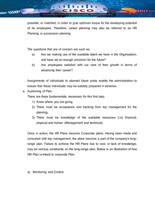 possible, or matched, in order to give optimum scope for the developing potential
of its employees. Therefore, career planning may also be referred to as HR
Planning or succession planning.
The questions that are of concern are such as:
a) Are we making use of the available talent we have in the Organization,
and have we an enough provision for the future?
b) Are employees satisfied with our care of their growth in terms of
advancing their career?
Assignments of individuals to planned future posts enable the administration to
ensure that these individuals may be suitably prepared in advance.
e. Auctioning of Plan
There are three fundamentals necessary for this first step.
1) Know where you are going.
2) There must be acceptance and backing from top management for the
planning.
3) There must be knowledge of the available resources (i.e) financial,
physical and human (Management and technical).
Once in action, the HR Plans become Corporate plans. Having been made and
concurred with top management, the plans become a part of the company’s long-
range plan. Failure to achieve the HR Plans due to cost, or lack of knowledge,
may be serious constraints on the long-range plan. Below is an illustration of how
HR Plan is linked to corporate Plan.
a) Monitoring and Control.
 
