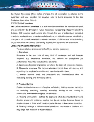 the Human Resources Office makes changes, the job description is returned to the
supervisor and vice president for signature prior to being presented to the Job
Evaluation Committee (Step 4).
STEP FOUR - Evaluation
The Job Evaluation Committee is a multi-member committee, the members of which
are appointed by the Director of Human Resources, representing offices throughout the
College. JEC ensures equity among jobs through the use of established, consistent
criteria for evaluation and prevents escalation of the job evaluation grades by validating
changes in job content presented for review. Members of JEC receive in-depth training
on job evaluation and utilize a consistently applied point system for the evaluations.
JOB EVALUATION CATEGORIES
The job evaluation process consists of three general categories:
1. Know-how
Know-how is the sum total of every kind of knowledge and skill however
acquired, e.g. experience, education, etc. needed for accept-able job
performance. Know-how includes three elements:
A. Specialized, technical or practical know-how: the basic job knowledge needed.
B. Managerial know-how: The degree with which the job deals with planning and
organizing the employee’s activities and coordinating with others.
C. Human relations skills: The persuasion and communication skills for
motivating, training, and developing others.
2. Problem Solving
Problem solving is the amount of original self-starting thinking required by the job
for analyzing, evaluating, creating, reasoning, arriving at and coming to
conclusions. Problem-solving has two elements:
A. Thinking environment – defines the degree to which the incumbent is free to
develop answers to problems, ranging from the day-to-day decisions based on
simple memory to those which require creative thinking or long-range strategies.
B. Thinking challenge – defines the com-plexity and uniqueness of problems and
may range from repetitive to highly creative.
 