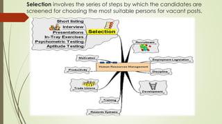 Selection involves the series of steps by which the candidates are
screened for choosing the most suitable persons for vacant posts.
 