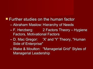  Further studies on the human factorFurther studies on the human factor
– Abraham Maslow:Abraham Maslow: Hierarchy of NeedsHierarchy of Needs
– F. Herzberg:F. Herzberg: 2 Factors Theory – Hygiene2 Factors Theory – Hygiene
Factors, Motivational FactorsFactors, Motivational Factors
– D. Mac Gregor:D. Mac Gregor: 'X' and 'Y' Theory, "Human'X' and 'Y' Theory, "Human
Side of Enterprise"Side of Enterprise"
– Blake & Moulton:Blake & Moulton: "Managerial Grid" Styles of"Managerial Grid" Styles of
Managerial LeadershipManagerial Leadership
 