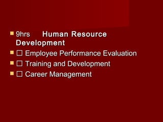  9hrs9hrs Human ResourceHuman Resource
DevelopmentDevelopment
  Employee Performance EvaluationEmployee Performance Evaluation
  Training and DevelopmentTraining and Development
  Career ManagementCareer Management
 
