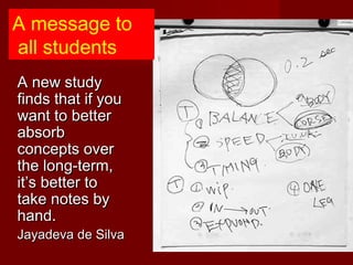 A new studyA new study
finds that if youfinds that if you
want to betterwant to better
absorbabsorb
concepts overconcepts over
the long-term,the long-term,
it’s better toit’s better to
take notes bytake notes by
hand.hand.
Jayadeva de SilvaJayadeva de Silva
A message to
all students
 