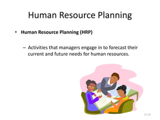 12-10
Human Resource Planning
• Human Resource Planning (HRP)
– Activities that managers engage in to forecast their
current and future needs for human resources.
 