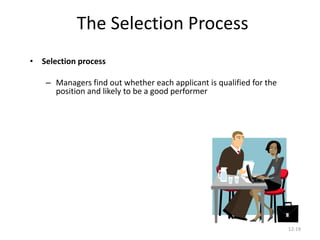 12-19
The Selection Process
• Selection process
– Managers find out whether each applicant is qualified for the
position and likely to be a good performer
 