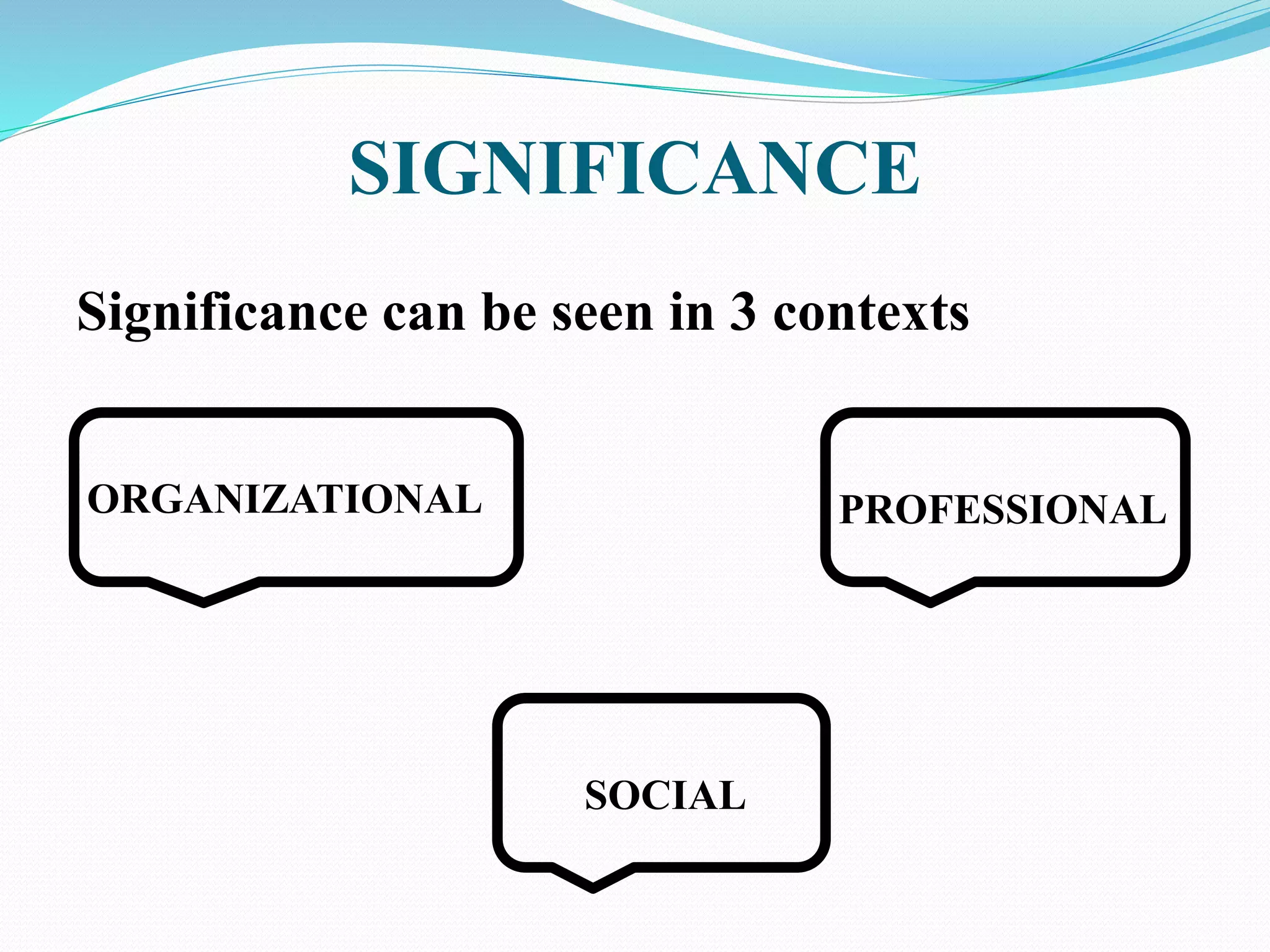 SIGNIFICANCE
Significance can be seen in 3 contexts
ORGANIZATIONAL PROFESSIONAL
SOCIAL
 