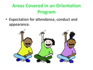 Areas Covered in an Orientation
Program
• Expectation for attendance, conduct and
appearance.
 
