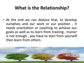 What is the Relationship?
• At the end we can deduce that, to develop
ourselves and our work or our position , it
needs orientation or coaching to achieve our
goals as well as to learn from training , trainer
is not enough , you have to start from yourself
then learn from others.
 