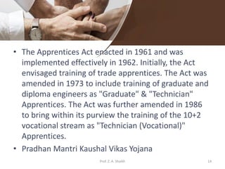 • The Apprentices Act enacted in 1961 and was
implemented effectively in 1962. Initially, the Act
envisaged training of trade apprentices. The Act was
amended in 1973 to include training of graduate and
diploma engineers as "Graduate" & "Technician"
Apprentices. The Act was further amended in 1986
to bring within its purview the training of the 10+2
vocational stream as "Technician (Vocational)"
Apprentices.
• Pradhan Mantri Kaushal Vikas Yojana
14Prof. Z. A. Shaikh
 