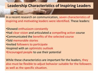 Prof. Z. A. Shaikh 36
Leadership Characteristics of Inspiring Leaders
In a recent research on communication, seven characteristics of
inspiring and motivating leaders were identified. These leaders:
•Showed enthusiasm constantly
•Had clear vision and articulated a compelling action course
•Communicated the benefits of the selected course
•Told memorable stories
•Invited followers to participate
•Inspired with an optimistic outlook
•Encouraged people to use their potential
While these characteristics are important for the leaders, they
also must be flexible to adjust behavior suitable for the followers
as well as the specific situation.
 