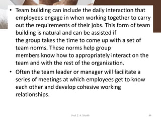 • Team building can include the daily interaction that
employees engage in when working together to carry
out the requirements of their jobs. This form of team
building is natural and can be assisted if
the group takes the time to come up with a set of
team norms. These norms help group
members know how to appropriately interact on the
team and with the rest of the organization.
• Often the team leader or manager will facilitate a
series of meetings at which employees get to know
each other and develop cohesive working
relationships.
Prof. Z. A. Shaikh 44
 