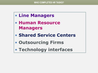 WHO COMPLETES HR TASKS?
• Line Managers
• Human Resource
Managers
• Shared Service Centers
• Outsourcing Firms
• Technology interfaces
 